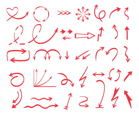 Curves arrows shapes. Pen drawing colored arrows direction vector collection isolated on white. Illustration of pen arrow, curve line doodleのイラスト素材