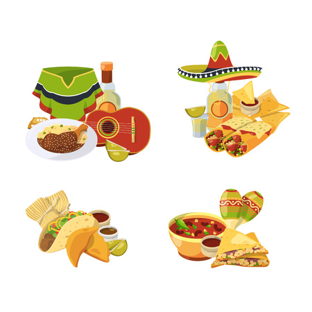 Vector cartoon mexican food piles set isolated on white background illustration. Mexican food and lunch, chili and spice traditionalのイラスト素材