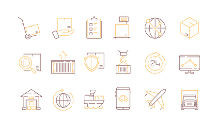 Logistics icon collection. Container survey delivery service export and import transportation vector colored thin symbols. Shipping cargo service, lorry and ship illustrationのイラスト素材