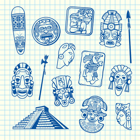 Vector cartoon summer travel elements tiki mask of set isolated on blue cell sheet background illustrationのイラスト素材