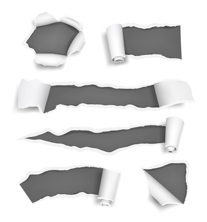 Paper holes ripped. Promoted rips torn pages cut edge of paper and notes vector realistic template. Illustration of ripped paper, hole torn in sheetのイラスト素材