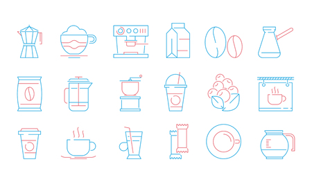 Coffee cup icons. Hot drinks tea and coffee espresso cup and mug pot cake food vector linear symbols. Illustration of coffee and tea mug, drink cup mocha linearのイラスト素材
