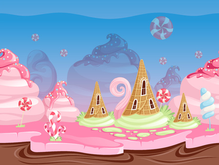 Game fantasy landscape. Seamless background with delicious dessert food candy caramel chocolate biscuits vector illustration. Game dessert cake, ice cream and lollipopのイラスト素材