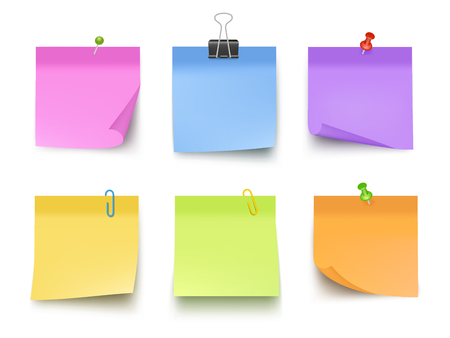 Notes colored. Sticky papers with pin clips memo bank business notes vector realistic template. Office paper memo, sticky note, pin messag illustrationのイラスト素材