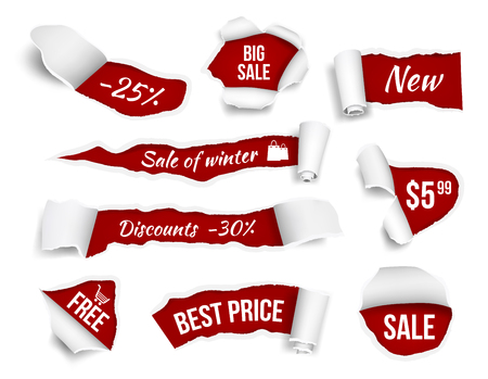 Promo banners ripped paper. Sale advertizing tags promotion cut edges pages vector realistic pictures. Illustration of promo ripped and cardboard rip damage discountのイラスト素材