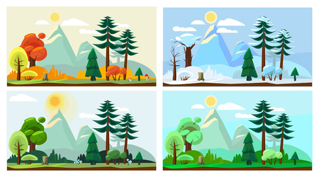Four season landscape. Spring autumn summer winter weather nature scenery vector cartoon background. Winter and summer, spring and autumn illustrationのイラスト素材