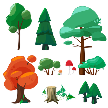 Nature cartoon elements. Game ui collection of trees shrubs hemp branches roots stones leaves puddles weather vector symbols cartoon. Forest tree and mushroom for game interface illustrationのイラスト素材