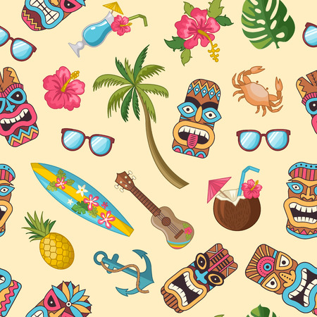 Vector cartoon summer travel elements pattern or background illustration. Colored background tropicのイラスト素材