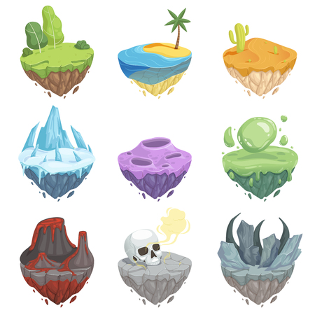 Isometric islands. Cartoon landscape with rock ice grass ground volcano lava surface vector object for game. Illustration of island and ground game, grass landscapeのイラスト素材