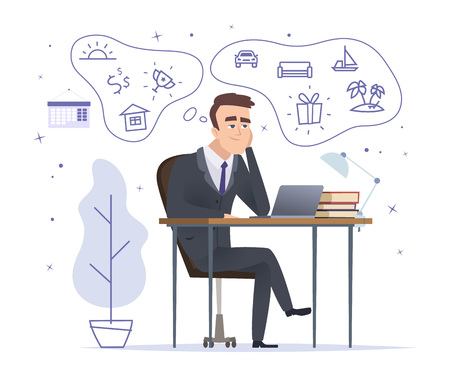Businessman dreaming. Successful office manager sitting and thinking about house car and trophies vector cartoon character. Businessman manager dream on workplace, think pensive sitting illustrationのイラスト素材