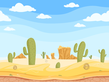 Desert seamless background. Wild west game outdoor western canyon landscape with stones rock sand cactuses vector cartoon illustration. Game horizon, sand canyon, western desert natureのイラスト素材