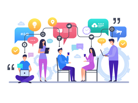 Communication people. Talking chatting global social network discussion vector characters concept scene. Illustration of communication global, communicating processのイラスト素材