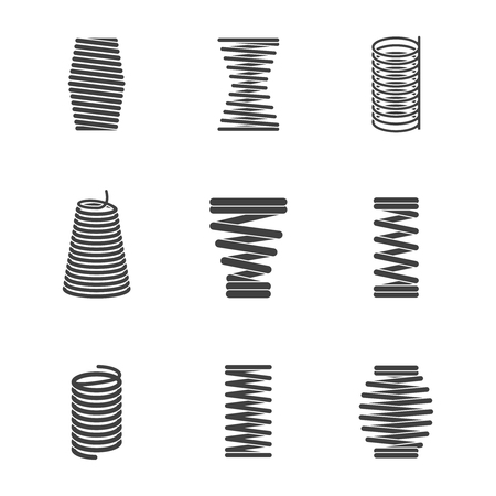 Flexible steel spiral. Metal bended wire coils shape elastic and compacted forms vector icon silhouettes isolated. Flexible steel curve, compacted flexibility spiral illustrationのイラスト素材