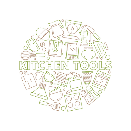Kitchen tools icons. Food prepare cooking items spoon fork knife in circle shape vector thin line symbols. Illustration of kitchenware utensil, accessory of dishware and equipmentのイラスト素材