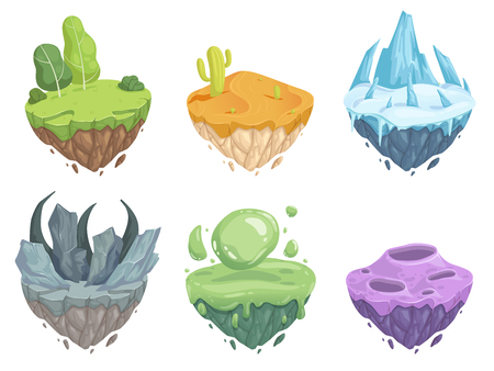 Flying islands. Cartoon isometric landscape ice rock grass surface ground volcano river waterfall vector isolated. Illustration of landscape island, isometric environmentのイラスト素材