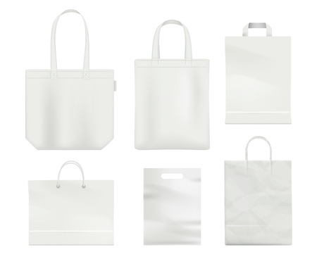Paper bag mockup. Handle blank shopping bag empty realistic white vector template. Bag with handle, mockup container for store illustrationのイラスト素材