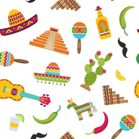 Vector flat Mexico attributes pattern or background illustration. Illustration of maracas and drink tasty, hot pepper chili and pyramidのイラスト素材
