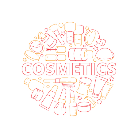Makeup symbols. Beauty woman cosmetic items in circle shape eyeshadow lipstick cream nail polish vector design concept. Illustration of badge shape with lipstick and brush, powder and perfumeのイラスト素材