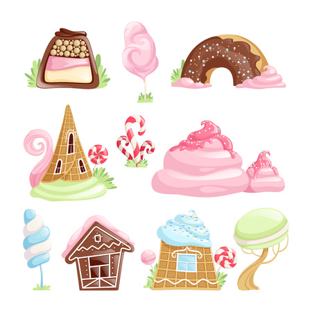 Fantasy desserts. Chocolate caramel biscuits jelly candies lollipop fairytale vector objects. Illustration of chocolate dessert and lollipop caramelのイラスト素材