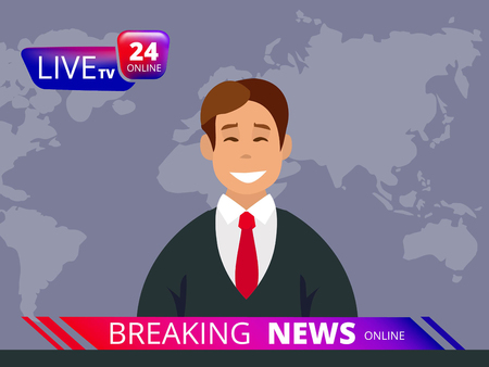 Television news. Breaking reporter tv and broadcast headline news anchor vector graphic template. Illustration of breaking news, journalist and newscasterのイラスト素材