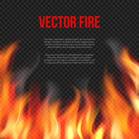 Fire background. Light of blazing flame on transparent background vector explosion vector template. Illustration of danger hell fire bannerのイラスト素材