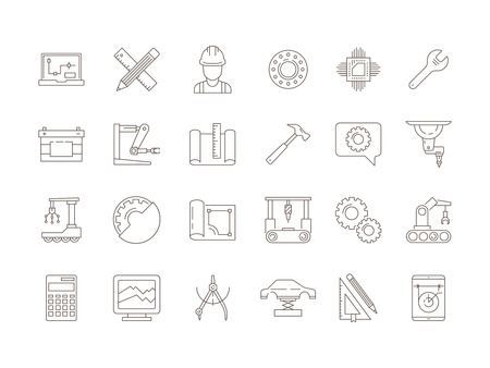 Engineering symbols. Manufacturing civil chip mechanical electrical tools vector thin line icon collection. Illustration of mechanical tool and engineering manufacturingのイラスト素材