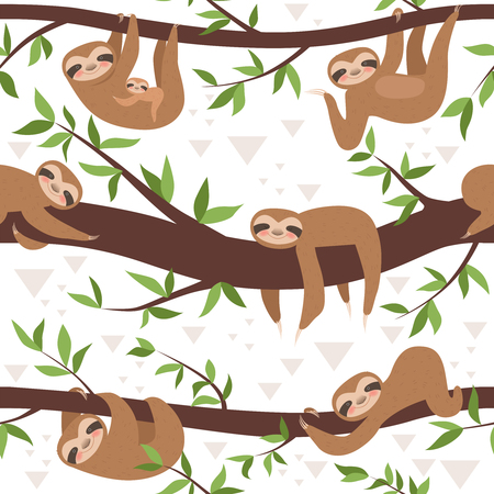 Sloth seamless. Cute little sleepy baby animal textile pattern family hanging vector concept. Illustration of sloth lazy on branch patternのイラスト素材