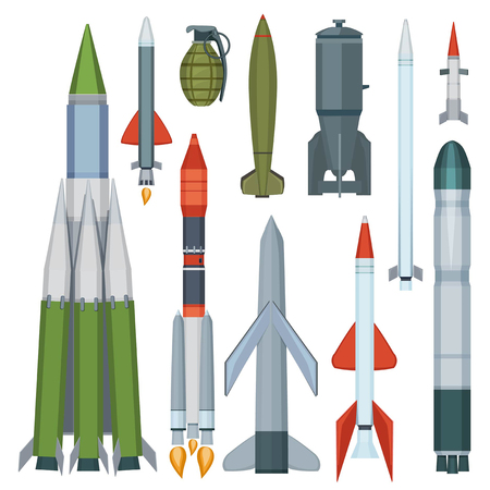 Missile collection. Defense flight armour military weapons vector cartoon set. Illustration of military weapon, rocket nuclearのイラスト素材