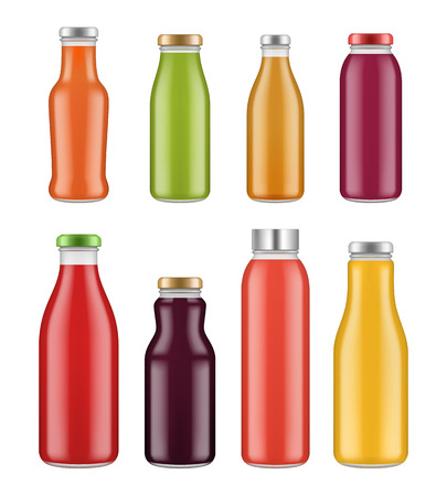 Juice bottles. Transparent jar and packages for colored liquid food and drinks vector mockup. Bottle with colored juice, drink beverage illustrationのイラスト素材