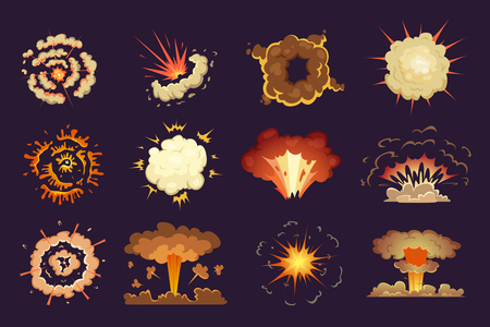 Bomb explosion. Motion abstract blast fire and clouds exploded vector cartoon collection. Set of explosion illustration effectのイラスト素材