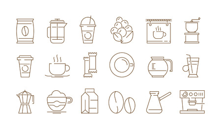 Coffe shop icon. Hot drinks tea and coffee time with cake food vector thin symbols isolated. Coffee drink and tea illustrationのイラスト素材