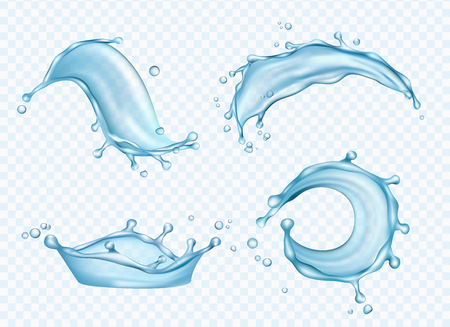 Waters realistic. Aqua splashes liquid fresh drops watering vector collection. Illustration of liquid aqua, purity transparent cleanのイラスト素材