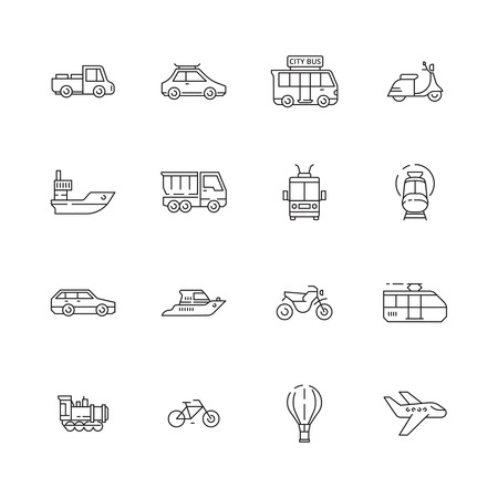 Public transport icons. Cars planes trains boats urban vehicles thin line collection symbols. Illustration of transport bus, train and planeのイラスト素材