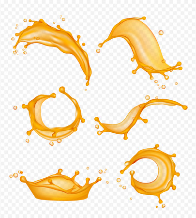 Juice splashes. Liquid fresh fruits drops vector realistic pictures isolated. Refreshing splashing juice flowing, transparent beverage illustrationのイラスト素材