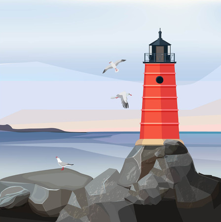 Sea landscape lighthouse. Ocean or sea water with night navigation safety building on rocks vector cartoon background. Lighthouse on rock stone island illustrationのイラスト素材