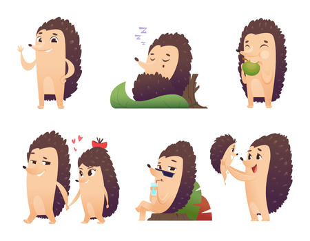 Hedgehog characters. Autumn wild animals of forest vector cartoon mascot. Illustration of hedgehog character, wild mascot animalのイラスト素材