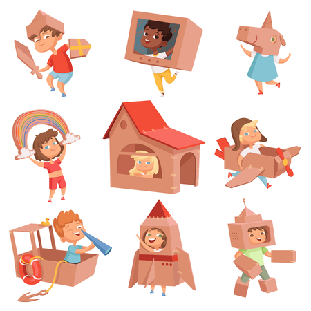 Kids cardboard costumes. Children playing in active games with paper box making house car and airplane vector characters. Cardboard box costume, robot and helmet illustrationのイラスト素材