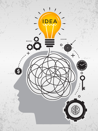 Idea search. Chaos lines of mind thinking about good idea scribble way vector shapes. Solution and idea, mind and brain, process imagination illustrationのイラスト素材