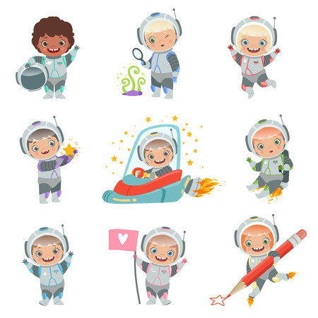 Childrens in space. Kids astronauts funny vector characters in rocket cosmonaut. Rocket and astronaut kids, cosmonaut and spaceship illustrationのイラスト素材