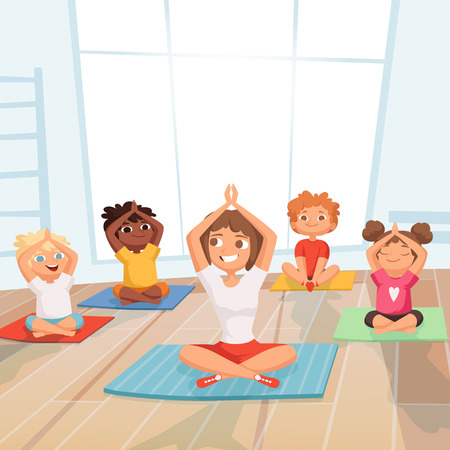 Yoga kids group. Children making exercises with instructor in gym vector cartoon background. Illustration of gym yoga pose, meditation classのイラスト素材