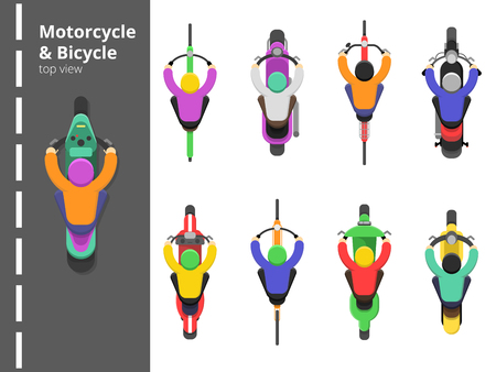 Bike bicycles top. Overhead topping view motorbike fast driving young male driver vector flat pictures. Illustration of motorcycle fast, scooter driveのイラスト素材