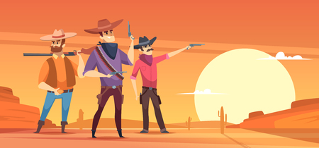 Western background. Dessert silhouettes and cowboys on horses wildlife vector illustrations. People with gun in sand desertのイラスト素材
