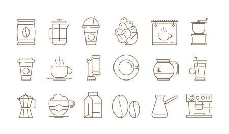 Coffe shop icon. Hot drinks tea and coffee time with cake food vector thin symbols isolated. Coffee drink and tea illustrationのイラスト素材
