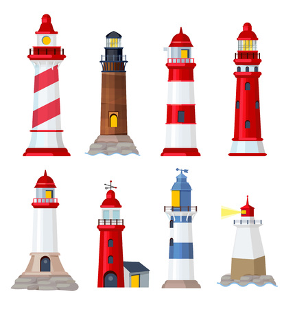 Lighthouse cartoon. Port security ocean or sea vector building. Lighthouse navigation, architecture guide beacon illustrationのイラスト素材
