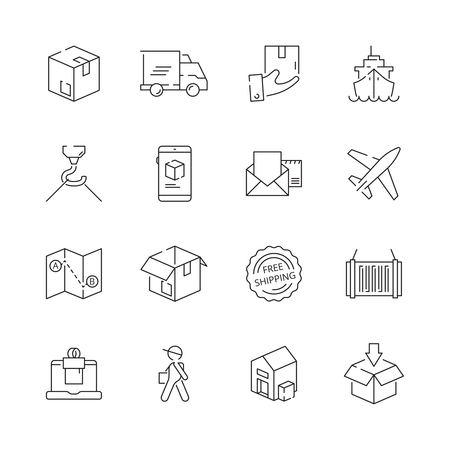 Delivering icons. Shipping logistics delivery sea freight free shipment moving items vector thin line symbols. Illustration of delivering and shipping processing, moving trackingのイラスト素材