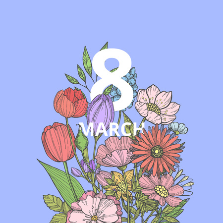 Vector hand drawn flowers 8 march in bouquet concept illustration. Eight march woman day, floral colored flowersのイラスト素材