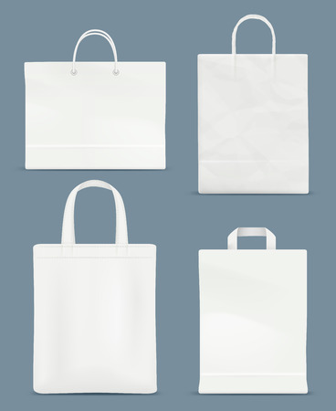 Shopping bag mockup. Paper handle plastic paper bag vector realistic blank template isolated. Package bag for merchandise illustrationのイラスト素材