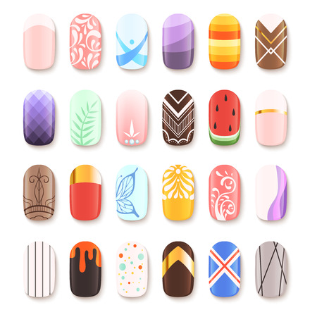 Nail art design. False fingernails manicure vector template. Illustration of nail manicure, polish bright acrylicのイラスト素材