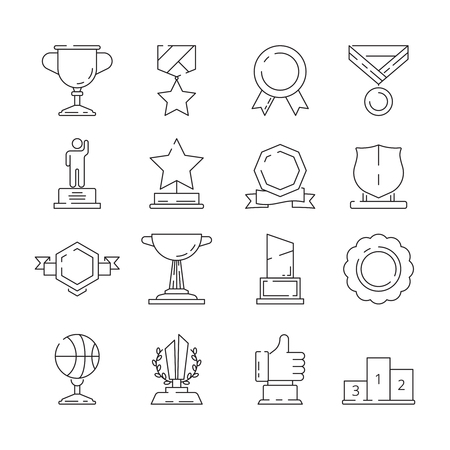 Successful reward icon. Winner cups and trophies medal and ribbons vector thin line symbols. Illustration of trophy and prize, reward and award to competitionのイラスト素材