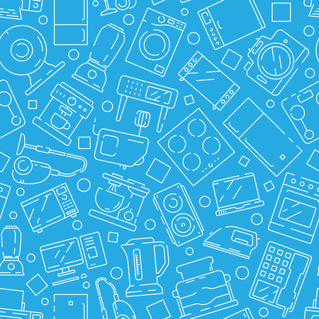 Household electronics pattern. Home modern appliances kitchen objects refrigerator microwave kettle computer tv vector seamless. Illustration of home electronic line patternのイラスト素材